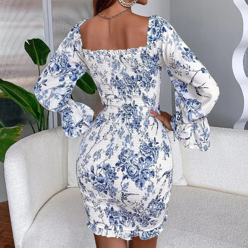 Floral Drawstring Front Bodycon Dress - Picture 3 of 5